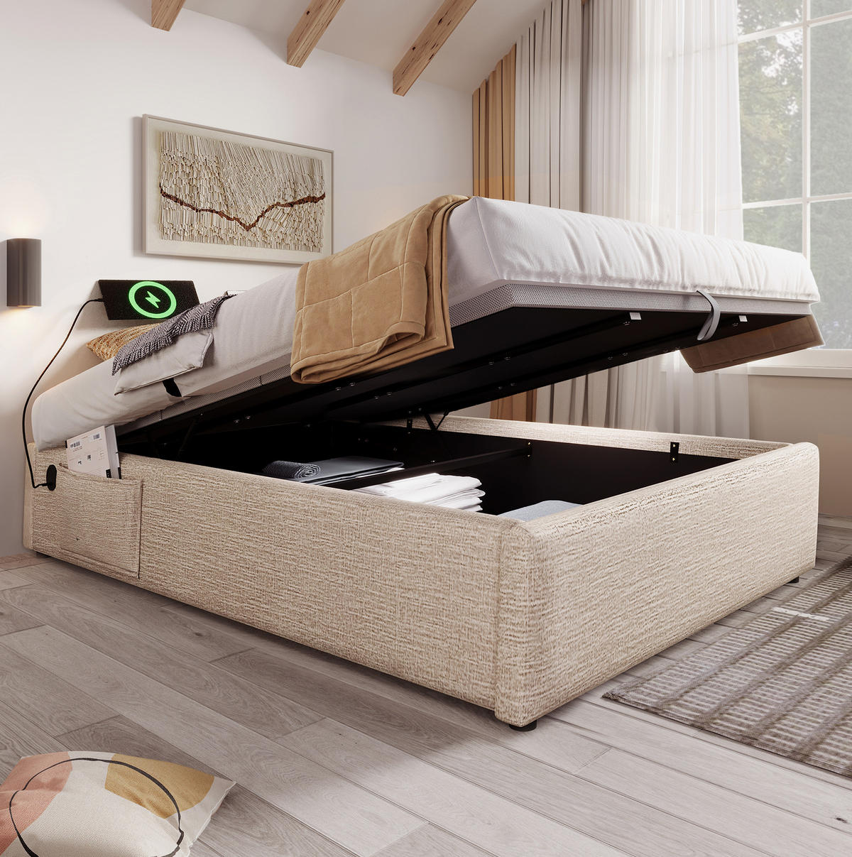 POLSTERBETT 140/200 cm aus Leinen mit Stauraum, USB- und Type-C-Anschlüssen - Beige, Textil (140/200cm) - Flora Grace