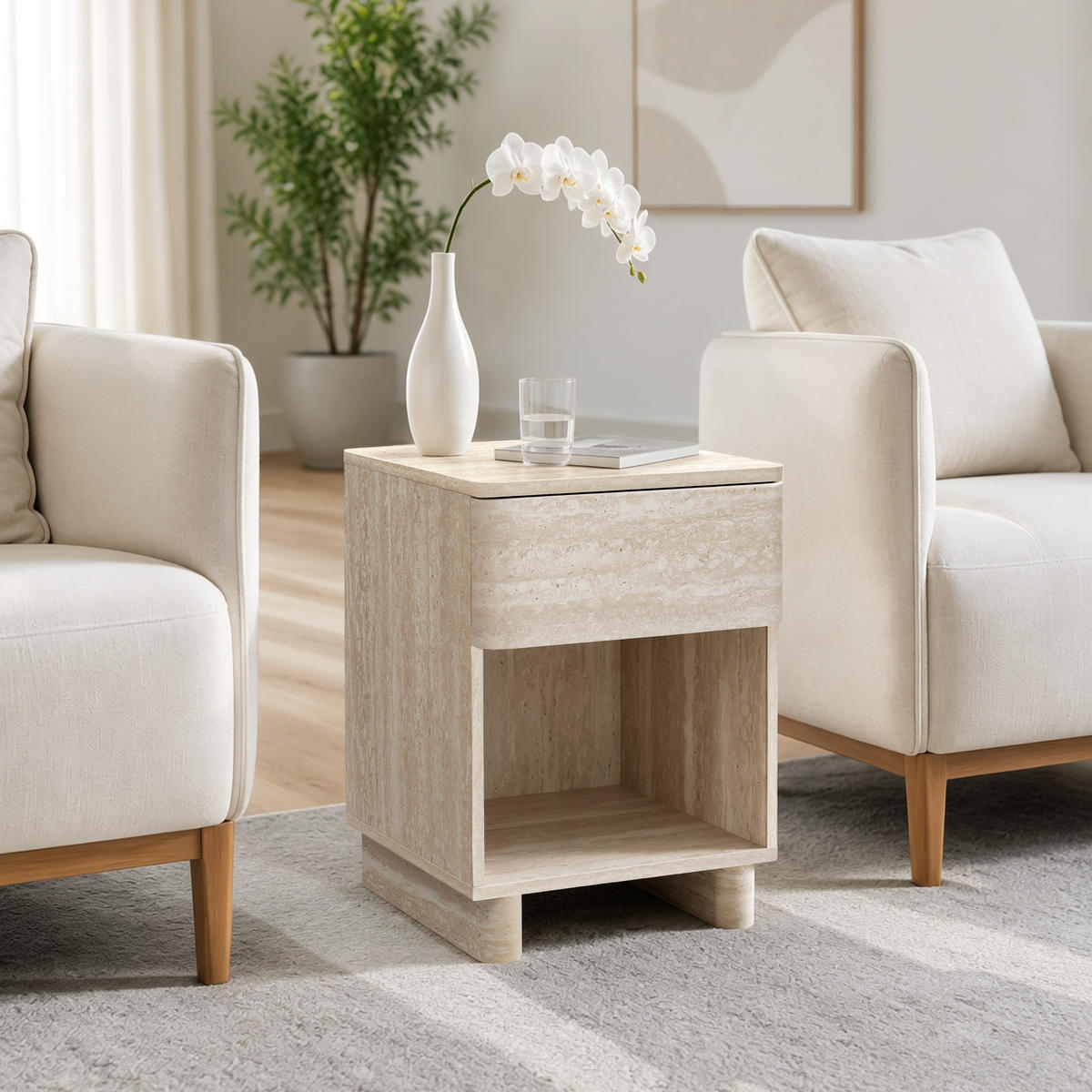 NACHTTISCH in Travertin-Optik | B53 x T45 x H50 cm - Beige, Holzwerkstoff (40/54/40cm) - Hometopia