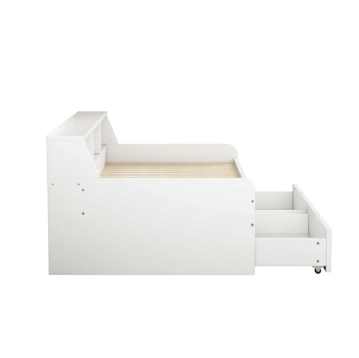 DENNÍ postel 90/200 cm bílá z borovice a MDF s úložnými zásuvkami a policemi - bílá, dřevo (90/200cm) - OKWISH