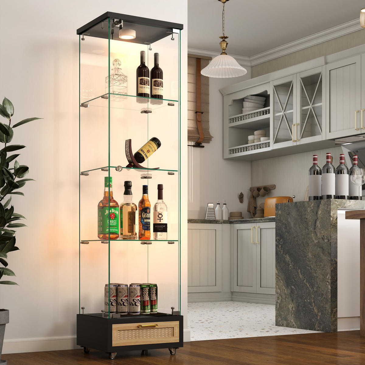 VITRINE Vitrinenschrank mit LED & Rollen, abschließbar, Einheitsgröße / Glas + MDF - Transparent/Schwarz, Glas/Holzwerkstoff (42.5/167/36.5cm) - EVRYAE