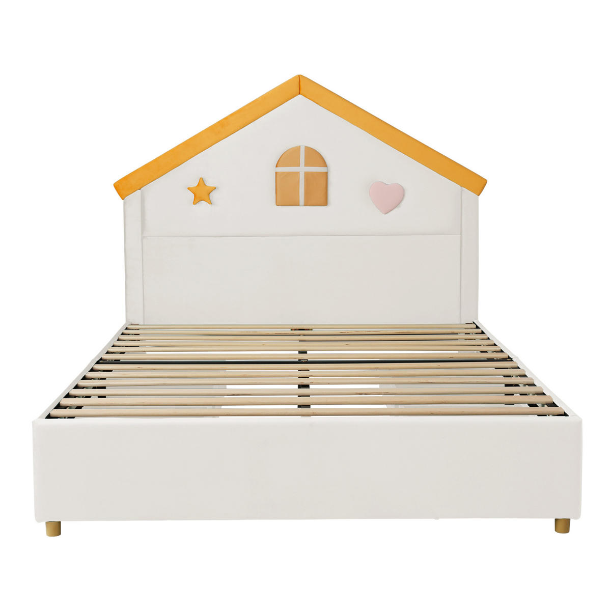 KINDERBETT aus französischem Samt 140x200 cm Beige mit 4 Schubladen und Haus-Kopfteil - Beige, Textil (140/200cm) - Modfu