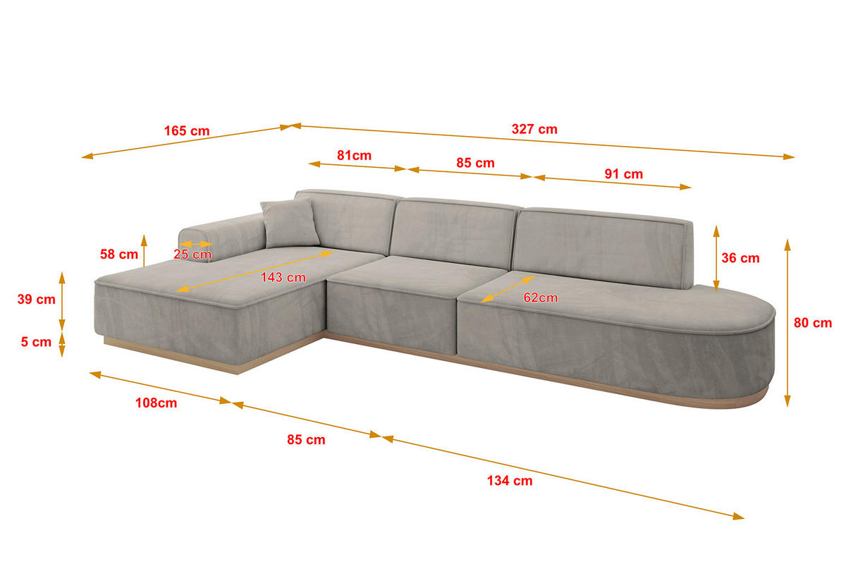 ROHOVÁ SEDAČKA s otomanem, levá IREA-L2 327x165x80 Světle hnědá Velur - černá/světle hnědá, kompozitní dřevo/textil (328/171cm) - ALTDECOR