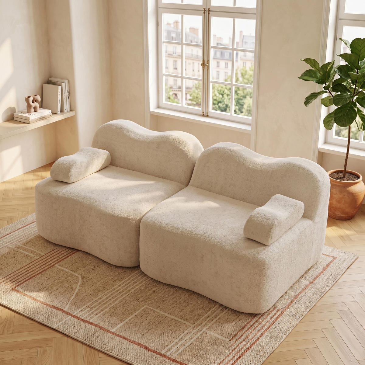 CANAPEA CU 2 LOCURI Modulară din Catifea Boneless, Formă de Onduleu - bej, material textil (192/70/98cm) - Urban Meuble