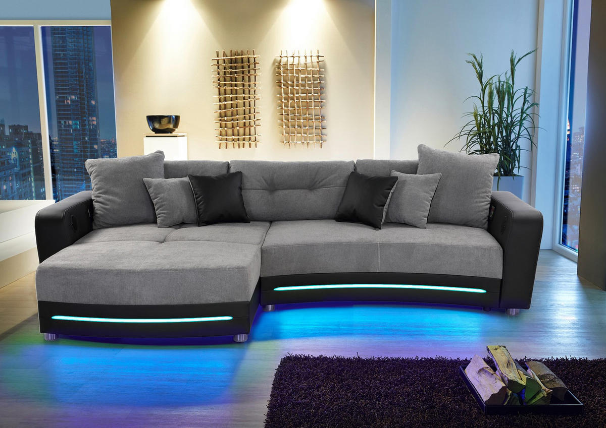 MULTIMEDIA-ECKSOFA Soundsystem RGB-LED Beleuchtung Bluetooth USB AUX-in,seitenverkehrt montierbar B322/T190/H88cm,Kunstleder Schwarz-Mikrof.Grau/15411 - Chromfarben/Schwarz, Textil/Metall (322/88/190cm) - luma-home