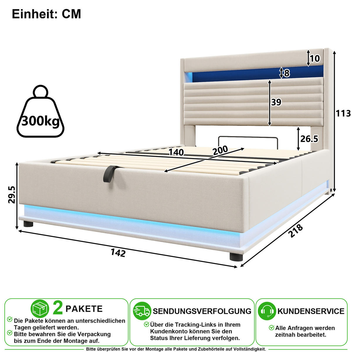 POLSTERBETT 140/200 cm in Beige Leinen mit Bettkasten, LED, USB und Type-C - Beige, Holzwerkstoff/Textil (140/200cm) - CHICFURN