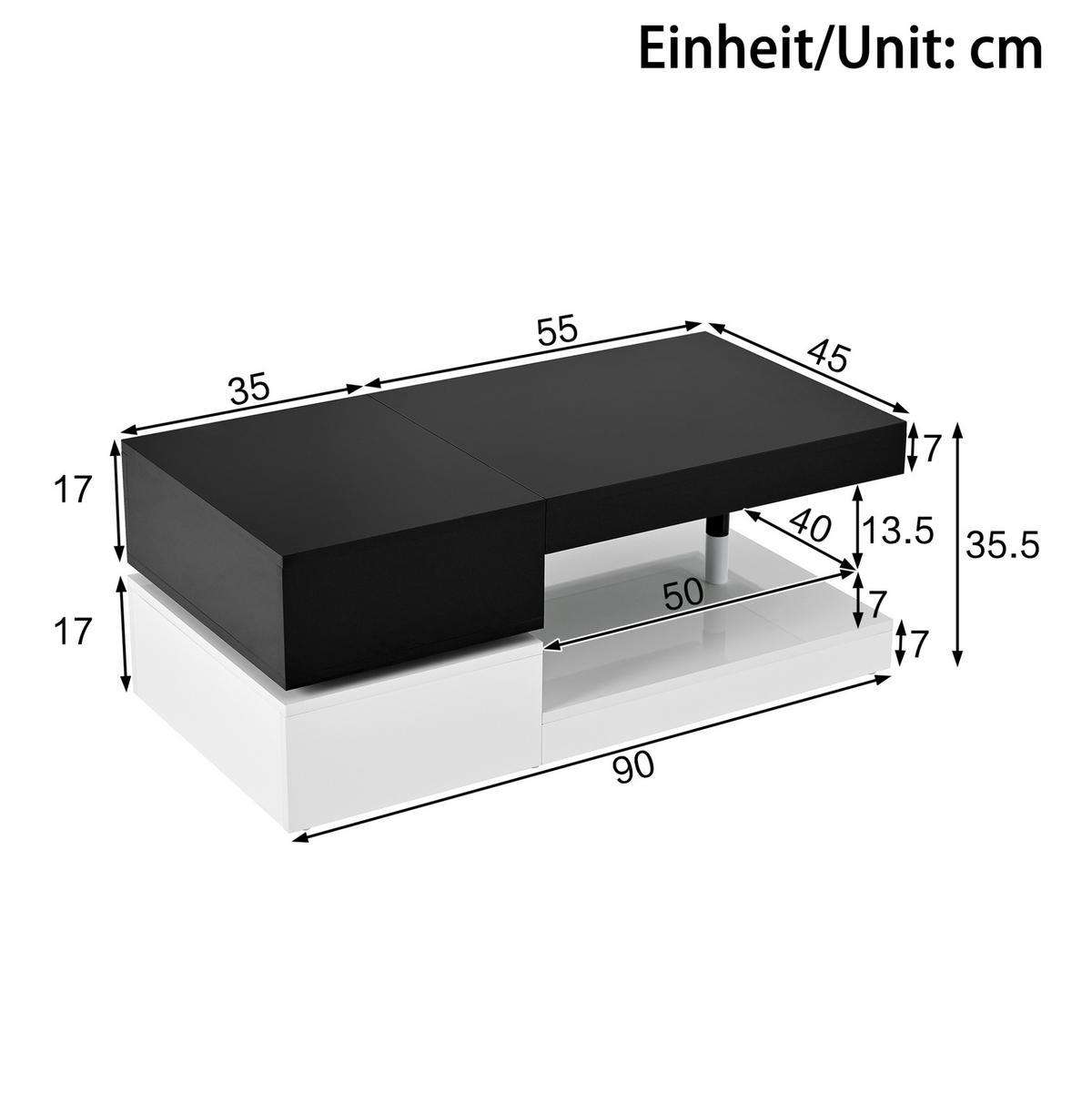 COUCHTISCH 90/45/35,5 cm mit LED-Beleuchtung und Glasablage in Schwarz/Weiß - Schwarz, Holzwerkstoff (90/45/35.5cm) - Flora Grace