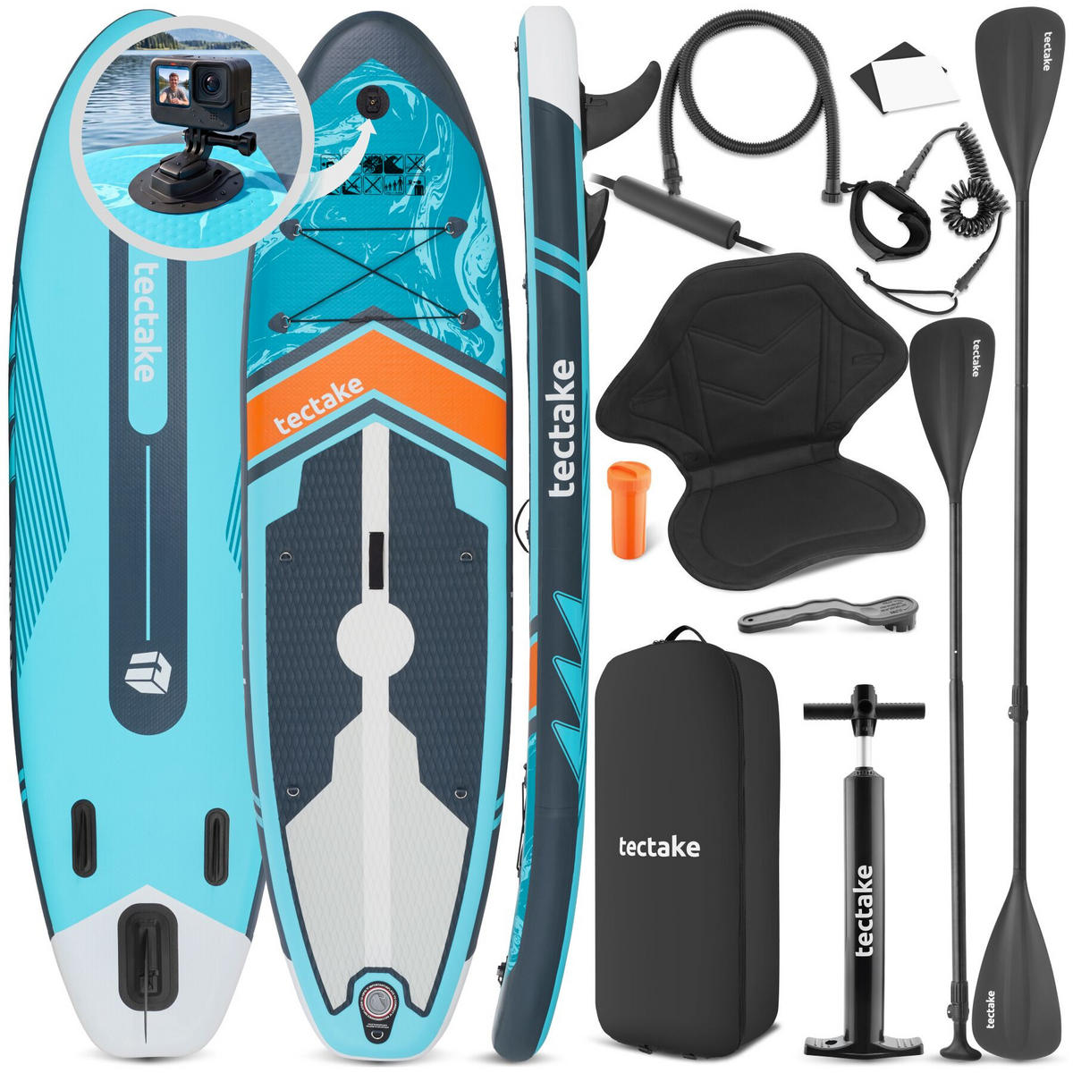 STAND-UP PADDLE BOARD Palagios, Belastbarkeit 200 kg, inklusive Kajak-Sitz, türkis/orange - Türkis, Kunststoff (288/77/0.23cm) - tectake