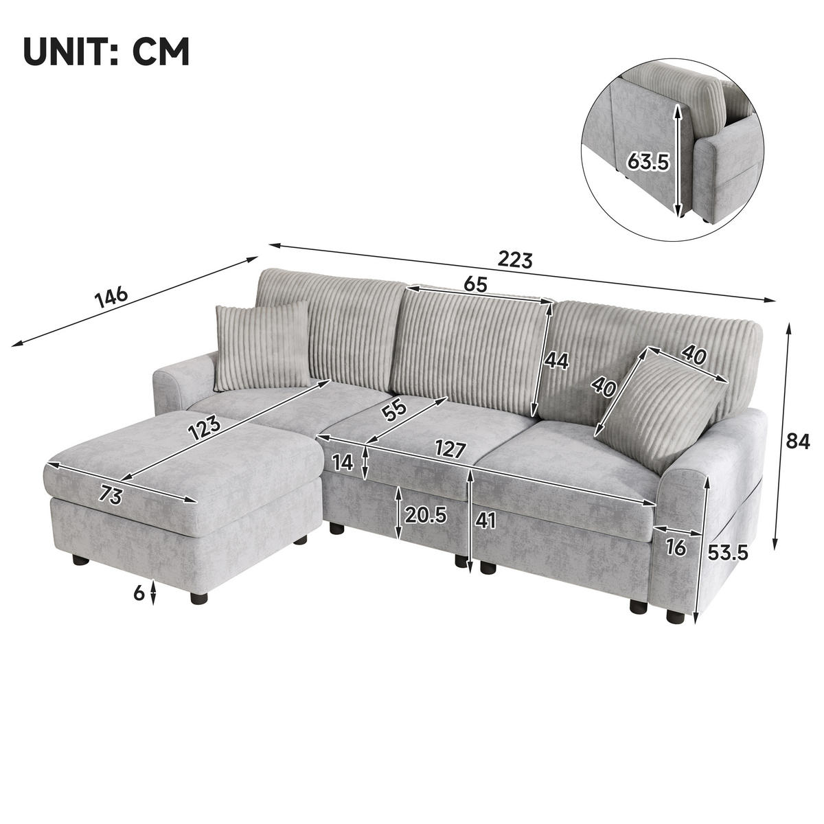 ECKSOFA 223/146/84 cm Grau mit 1 Fußhocker, 2 quadratischen Kissen, 1 USB-Anschluss und 1 Type-C-Anschluss - Grau, Textil (146/84/223cm) - Oxeza
