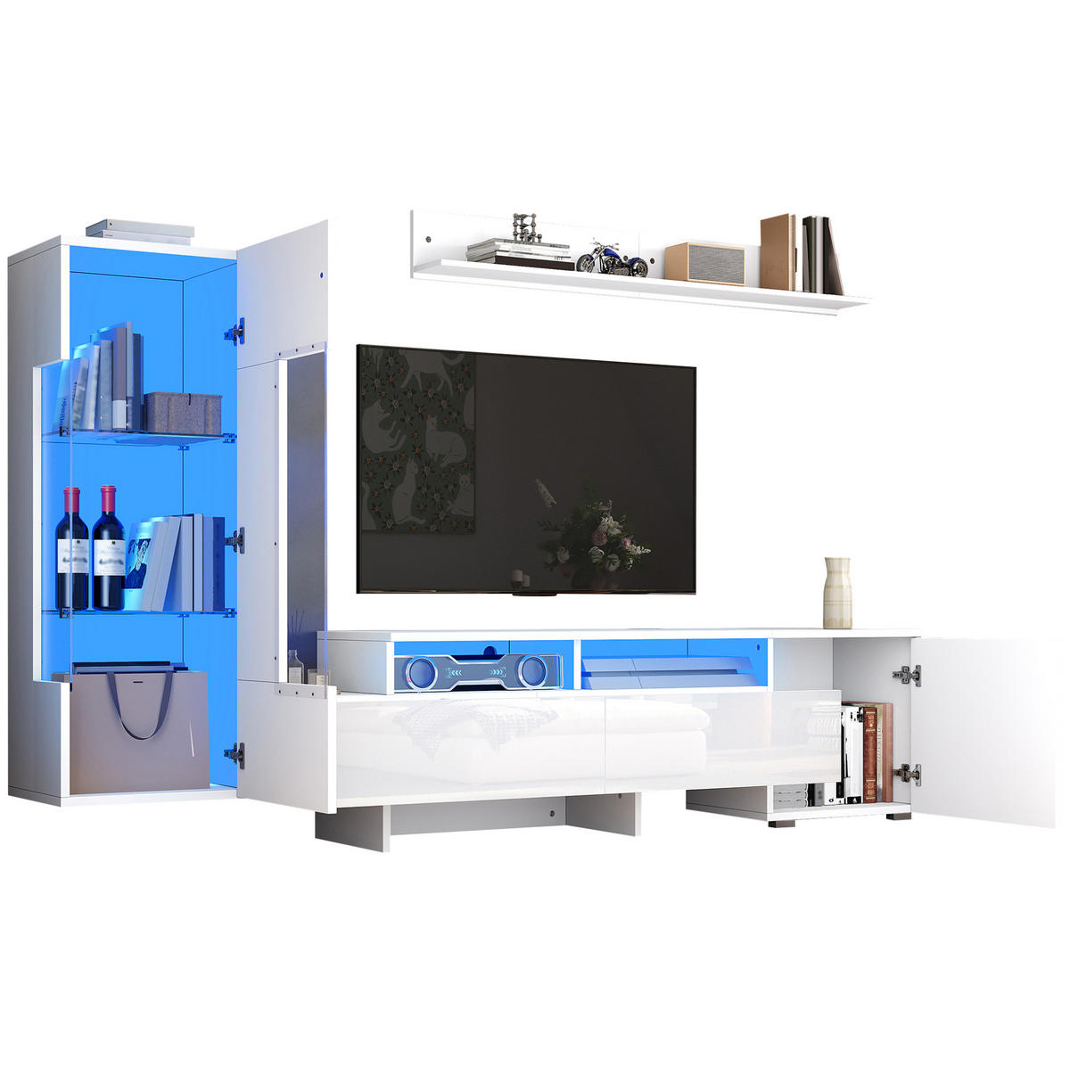 TV-WOHNWAND 3-teilig 170/35/45 cm aus Spanplatte mit LED-Beleuchtung und Hochglanzfront Weiß - Weiß, Holzwerkstoff (170/45/35cm) - Modenvie