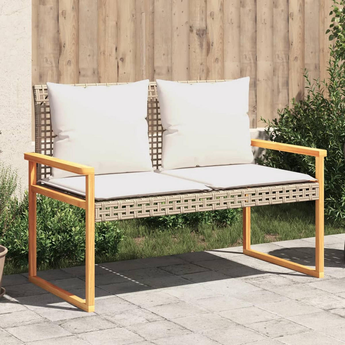 GARTENBANK mit Kissen Beige Poly Rattan Akazienholz - Beige, Kunststoff (119/79/61cm) - furnicato
