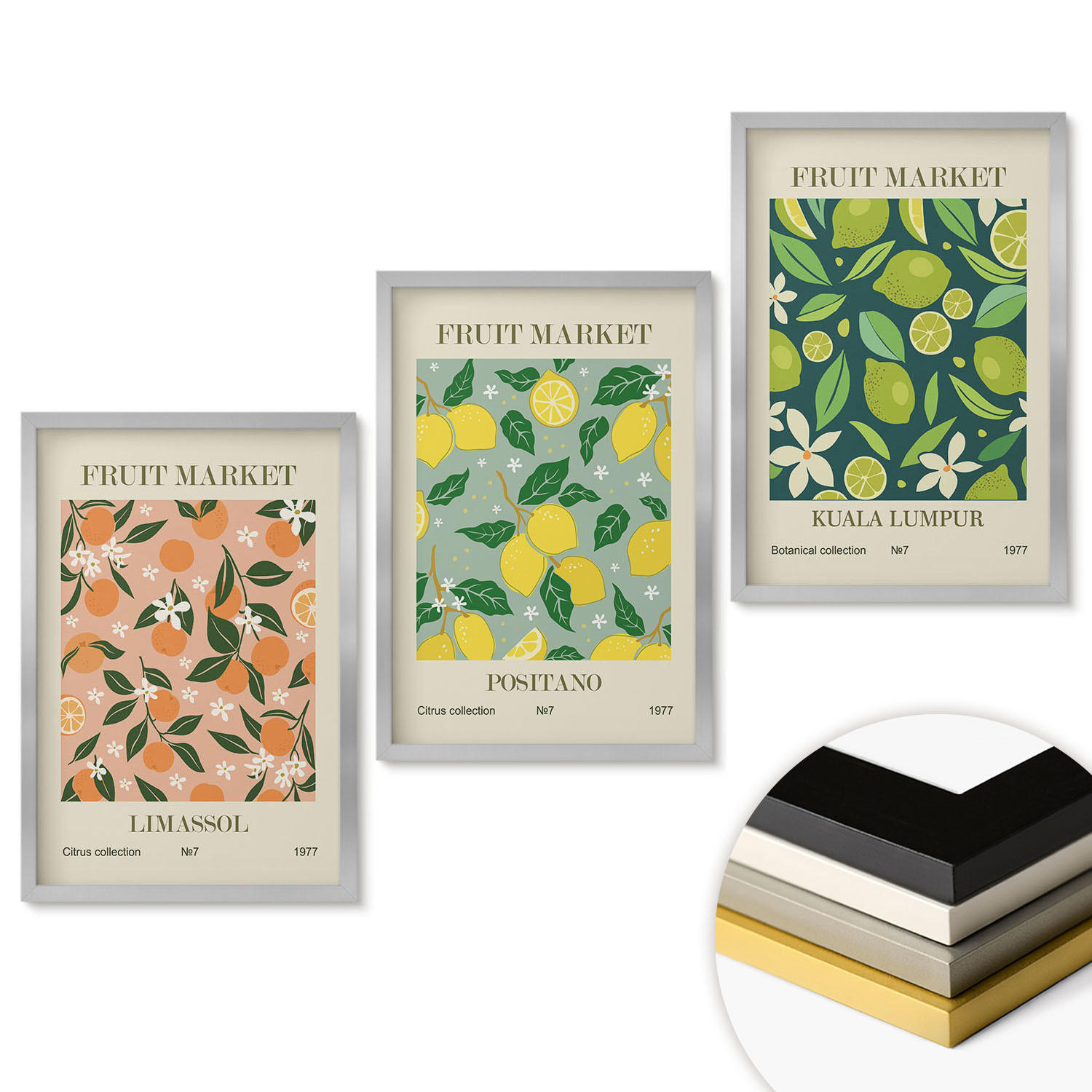 WANDBILDER 3er Set - 40x60 cm Silberner Rahmen - Fruchtige Zitrusblütenmuster - Silberfarben, Kunststoff (40/60cm) - ArtPrintCave