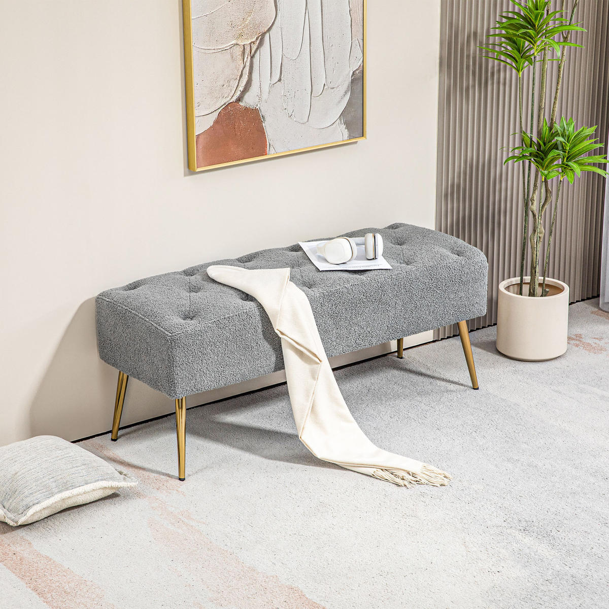 SITZBANK Polsterbank mit Lammwolle-Optik, Knopfheftung für Schlafzimmer, Grau - Grau, Kunststoff (41/46/112cm) - HOMCOM