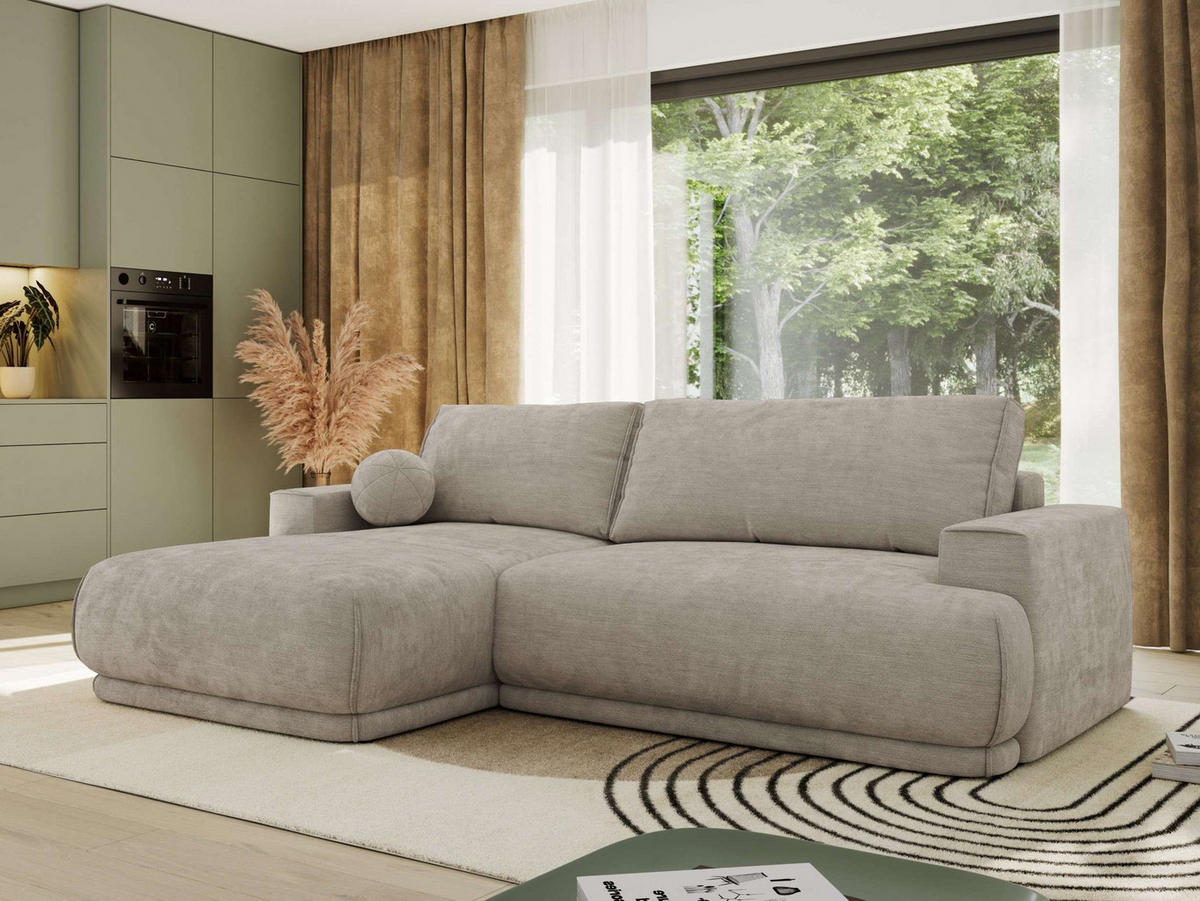 ECKSCHLAFSOFA RINA L Hellgrau Schenille glatt - links - Hellgrau/Schwarz, Kunststoff/Textil (267/170cm) - MKS