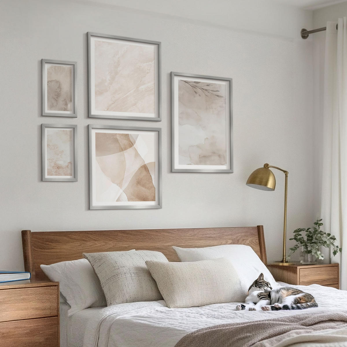 WANDBILDER 5er Set - 50x50 cm & 20x30 cm & 40x60 cm Silberner Rahmen - Aquarellfarben, Boho-Texturen - Silberfarben, Kunststoff (40/60cm) - ArtPrintCave