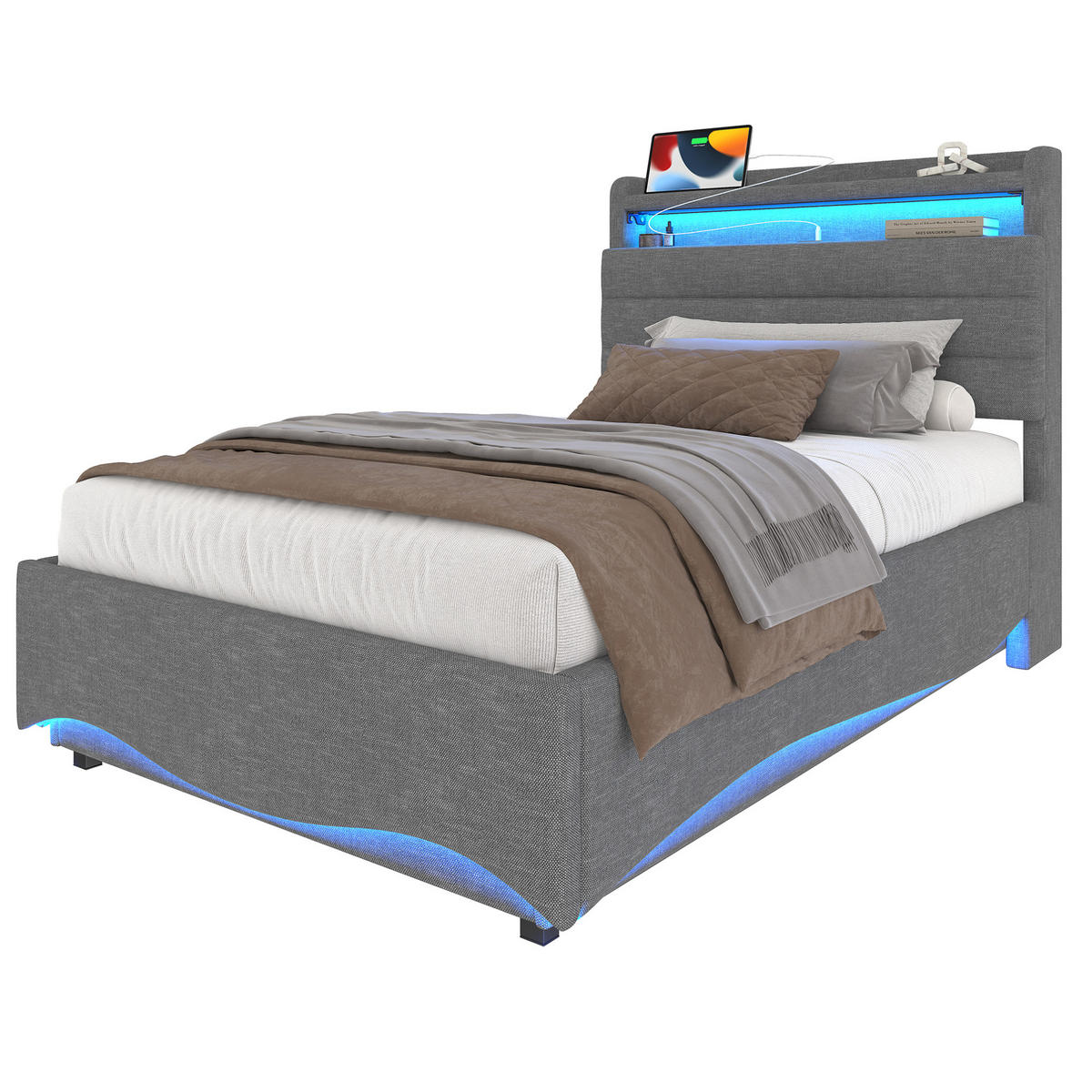 TAPECIRANI krevet 90/200 cm s LED osvjetljenjem, USB i Type-C priključcima te hidrauličnim spremištem, Siva - siva, tekstil (90/200cm) - Redom