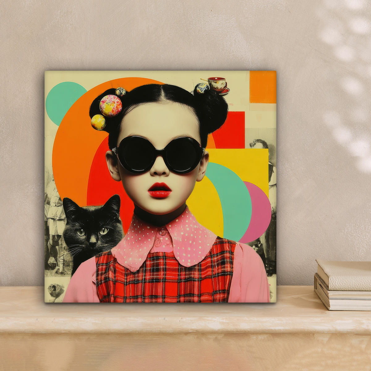 LEINWANDBILD Mädchen - Sonnenbrille - Katze - Retro Deko Wohnzimmer 20x20 cm - Beige, Textil (20/20cm) - MuchoWow