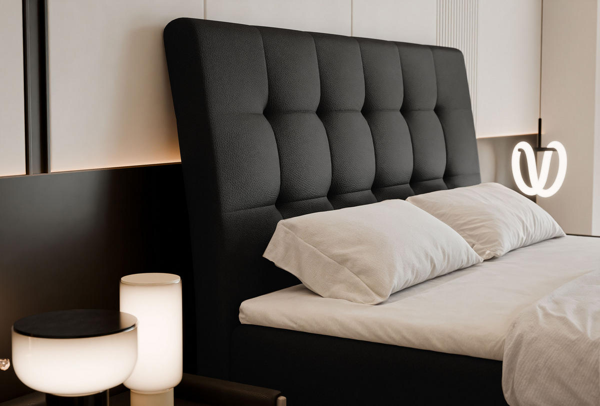BOXBETT BAILEY 200/200 cm mit Matratze und Topper, Schwarz - Schwarz, Textil/Metall (200/200cm) - Idohome