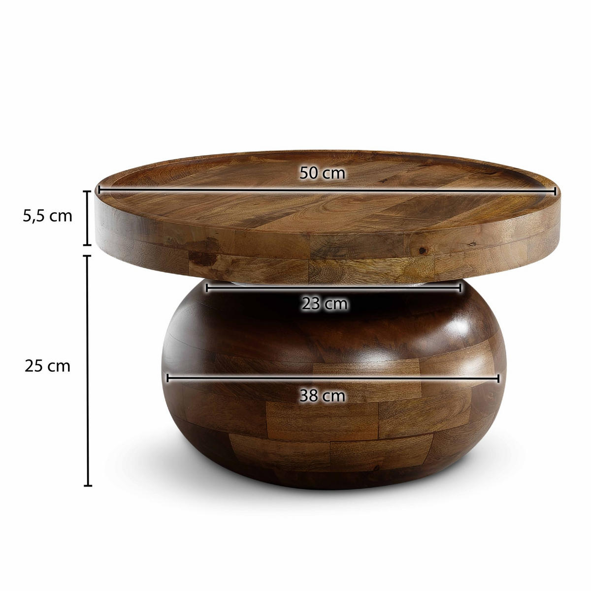 COUCHTISCH rund in Walnussfarbe, Massivholz Mango, 50x50x30,5 cm, niedrig, modern, natürliche Holzmaserung - Braun, Holz (50/50/30cm) - KADIMA DESIGN