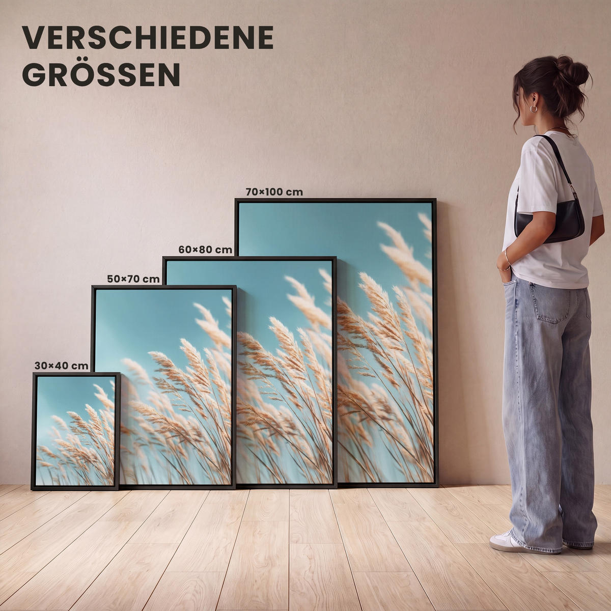 LEINWAND Bilder mit Rahmen - Ziergras - Wind - Hellbraun - 50x70 - Hellblau, Textil (50/70cm) - MuchoWow