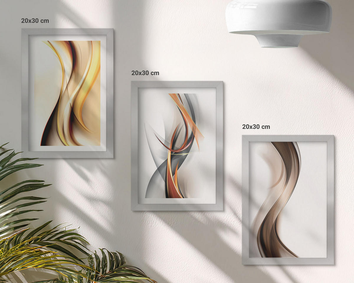 BILDER SET 3er Set - 20x30 cm Silberner Rahmen - Gelbgrau-braune Wellen - Silberfarben, Kunststoff (20/30cm) - TULUP