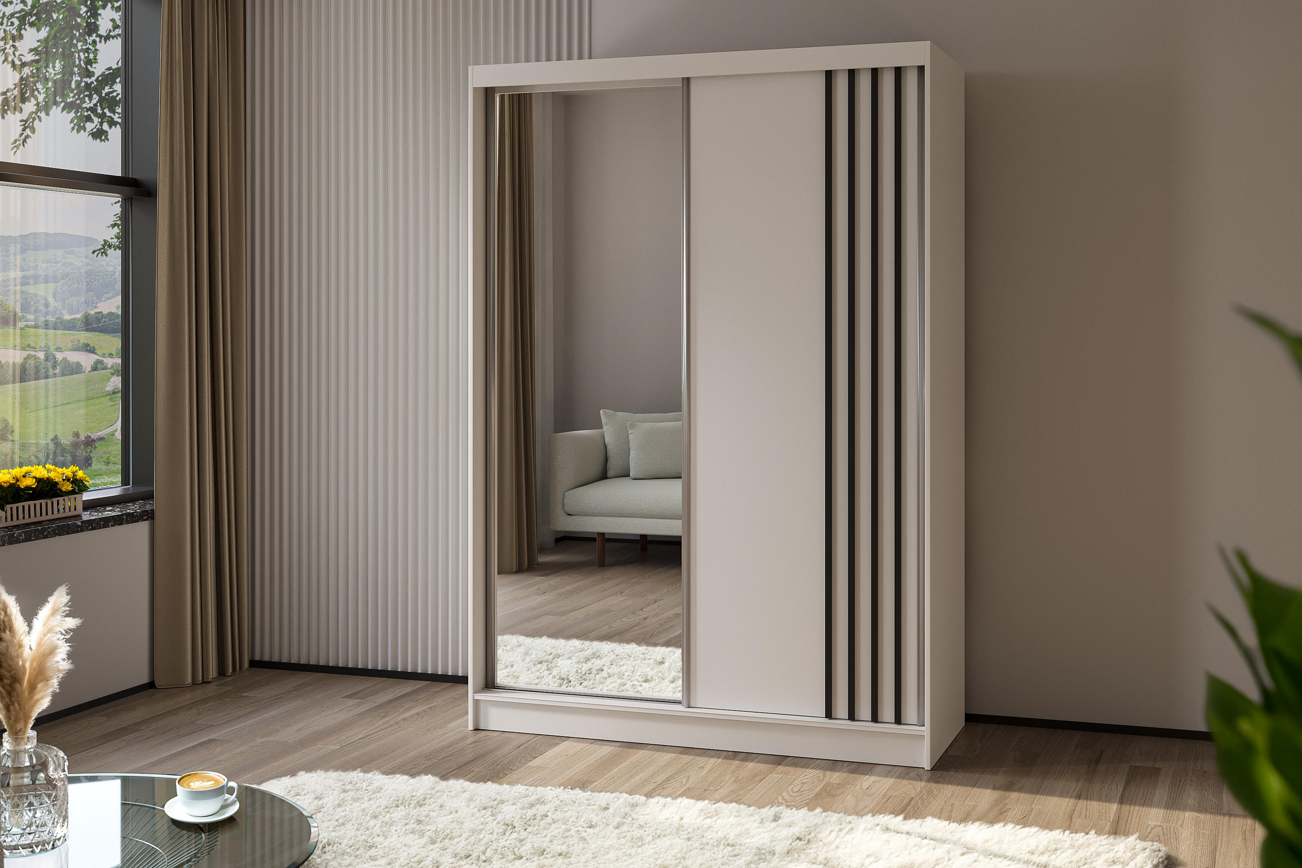 KLEIDERSCHRANK mit Spiegel-Schiebetüren und Aluminium-Leisten, LED-Beleuchtung - NALLA - 150 cm Weiß+Weiß+Schwarz - Schwarz/Weiß, Holzwerkstoff (150/216/61cm) - ALTDECOR