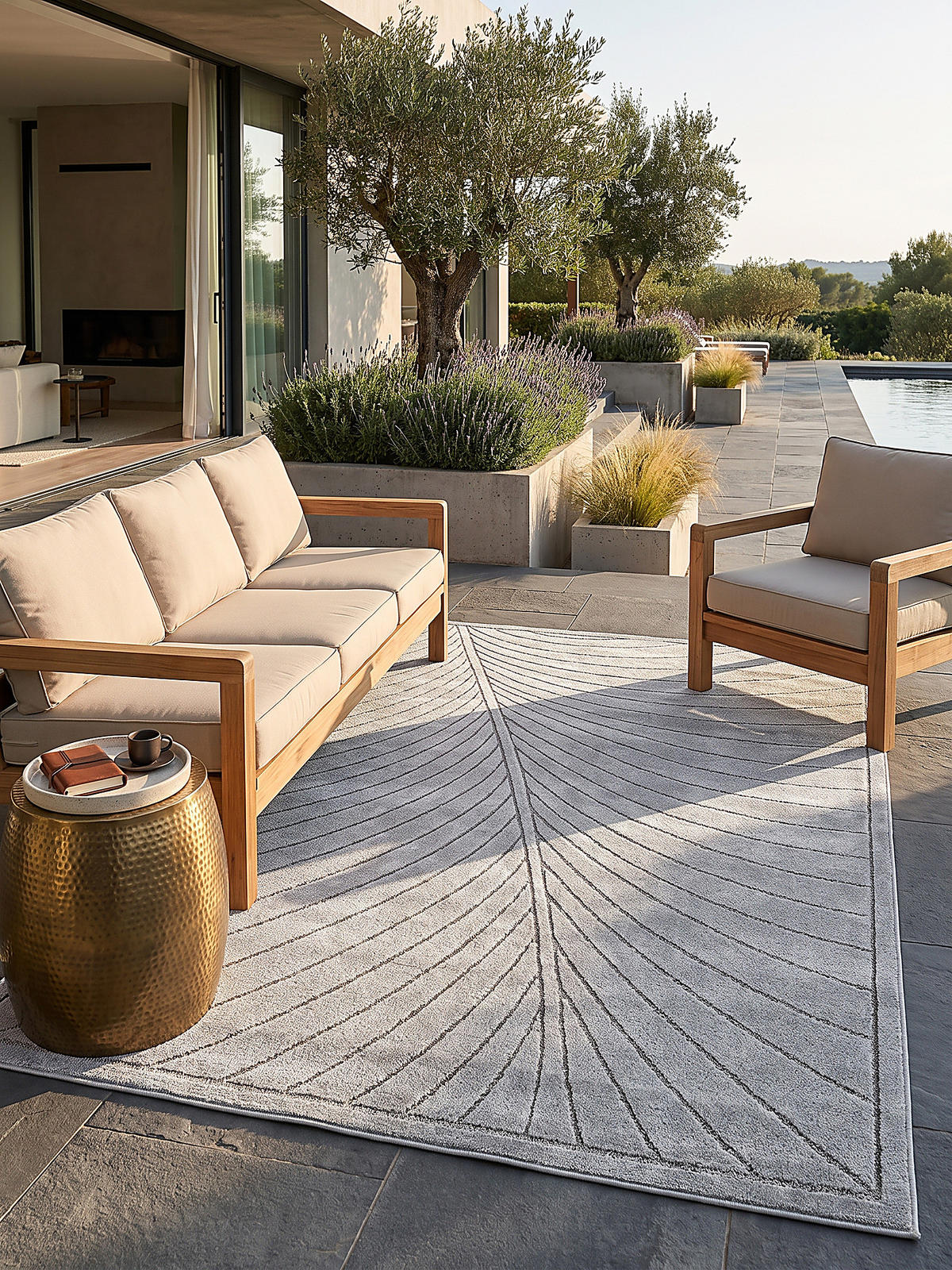 TEPPICH Outdoor, Fußbodenheizung-geeignet, mit Blattmotiv, aus Polypropylen, ENGADIN in Silbergrau, 140 x 200 cm - Grau, Textil (140/200cm) - KADIMA DESIGN