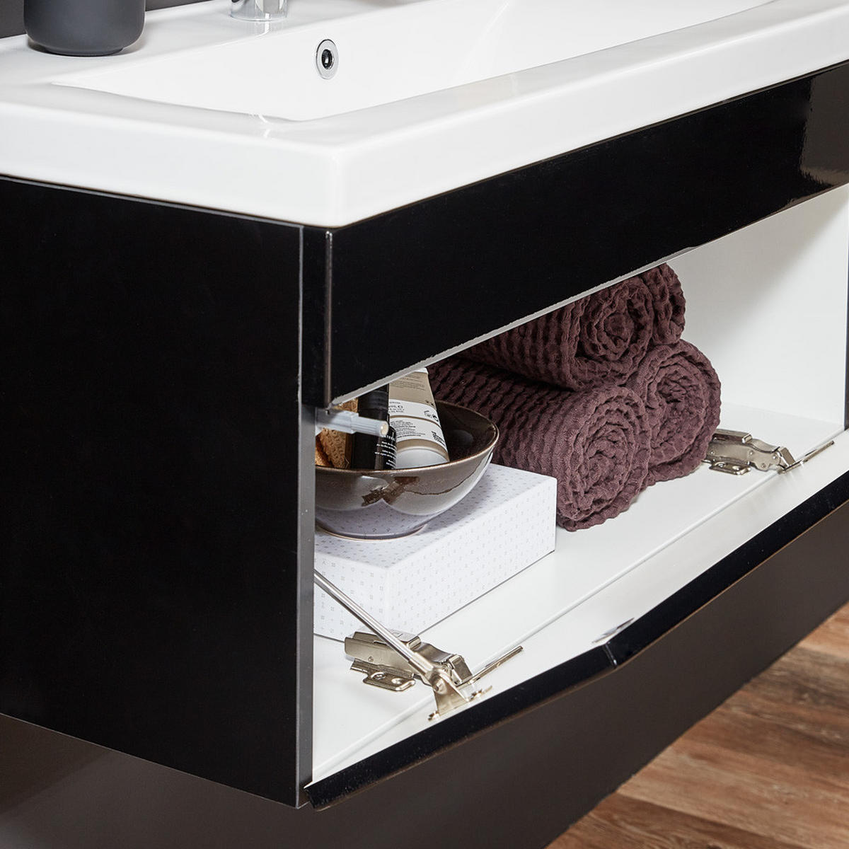 BADMÖBEL WANGEROOGE S - Farbe: Schwarz, Größe: S - Schwarz, Holz/Keramik (31/41.5/61cm) - Home Deluxe