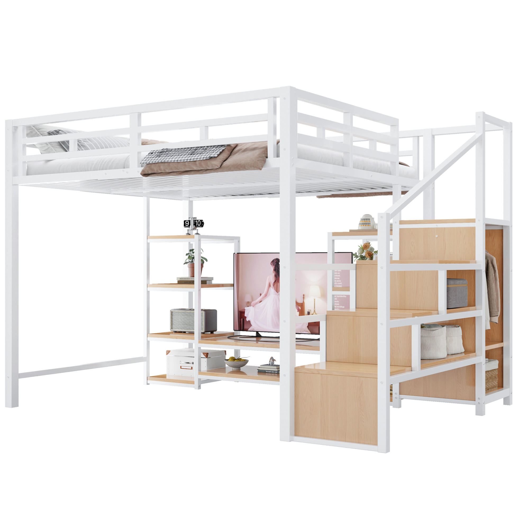 OKWISH PATROVÁ postel 140/200 cm bílá z kovu/MDF s TV stolkem