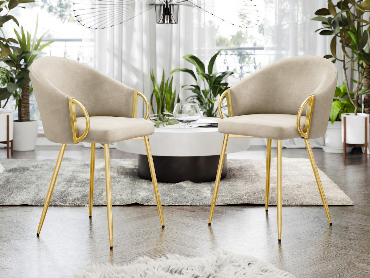 STUHL 2er-Set Muz DC-1171 (2 Stück in Samt) - Beige/Goldfarben, Textil/Metall (54/76/41cm) - MIRJAN24