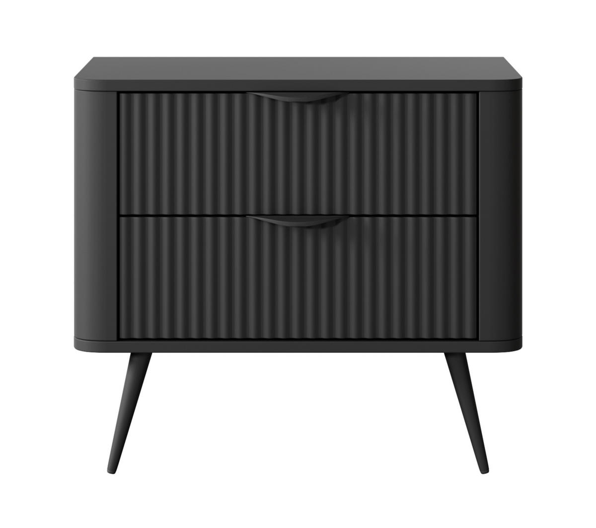 NACHTTISCH Vespasia 2S Schwarz 63,2/55,3/38 cm – Geriffelten Fronten - Schwarz, Holzwerkstoff/Metall (63.2/55.3/38cm) - AX Living