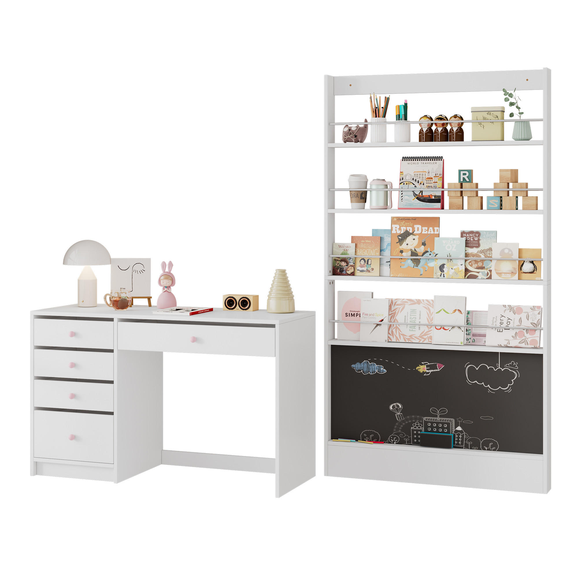 SCHREIBTISCH SET Weiß Kindermöbel Schreibtisch + Bilderbuchregal Kombination - Weiß, Holz (45/180/220cm) - FLIEKS