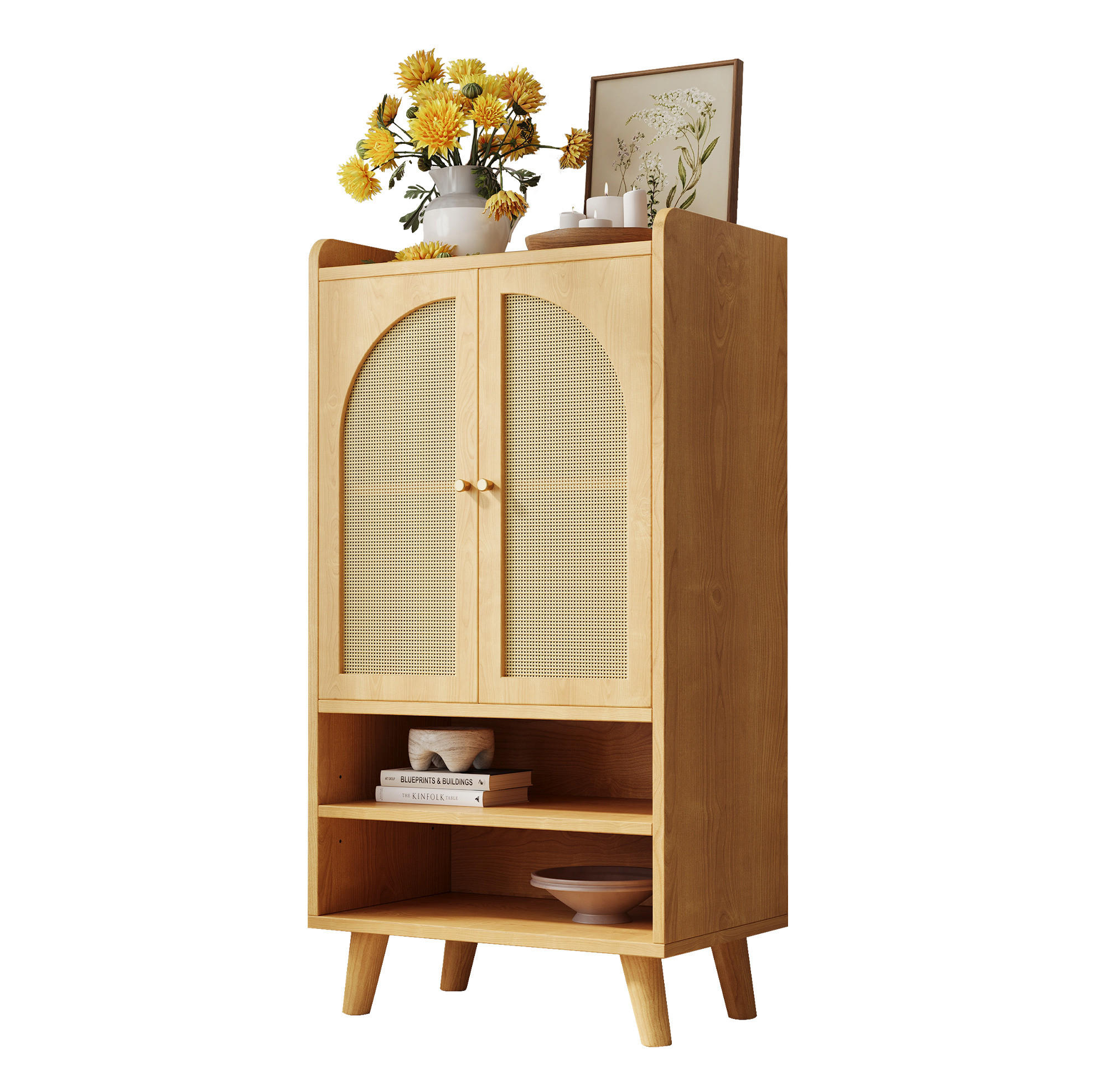 HIGHBOARD 60/121/40 cm aus Spanplatte mit Rattantüren - Naturfarben, Holzwerkstoff (40/121/60cm) - OKMYHOME