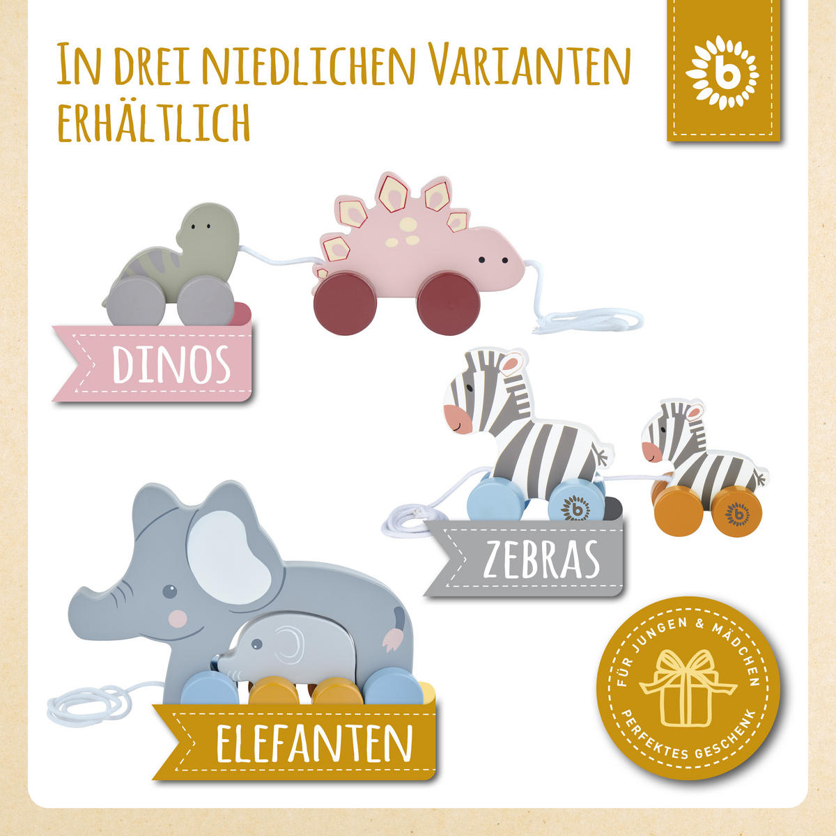 NACHZIEHELEFANTEN Holz Tiko - ab 12 Mona - Grau, Holz (5.5/23.4cm) - Bieco Spielwaren