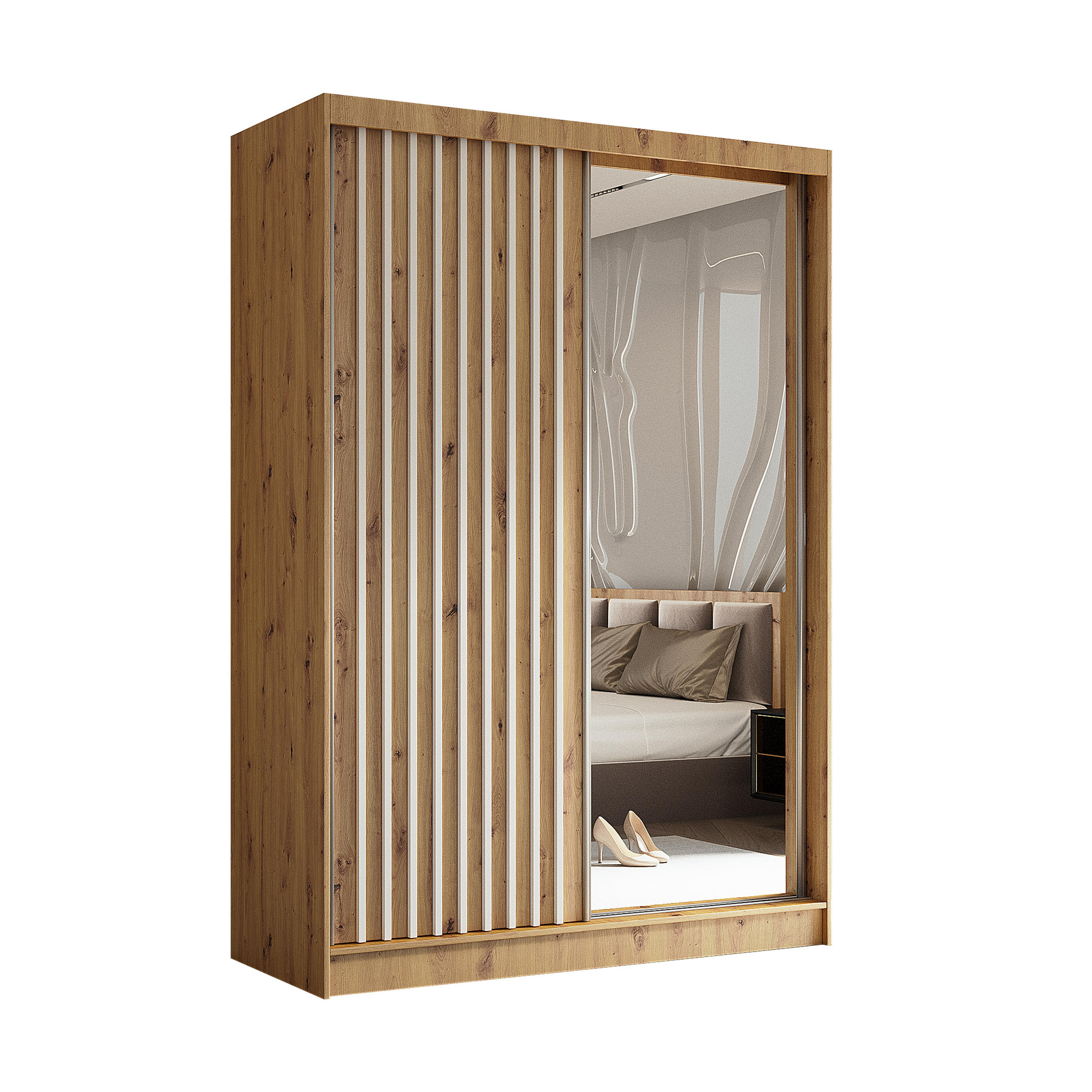 SCHWEBETÜRENSCHRANK LAMELLO 150/216/61 cm 2-türig mit Spiegel Eiche Artisan - Eiche Artisan, Holzwerkstoff (150/216/61cm) - MASSENO