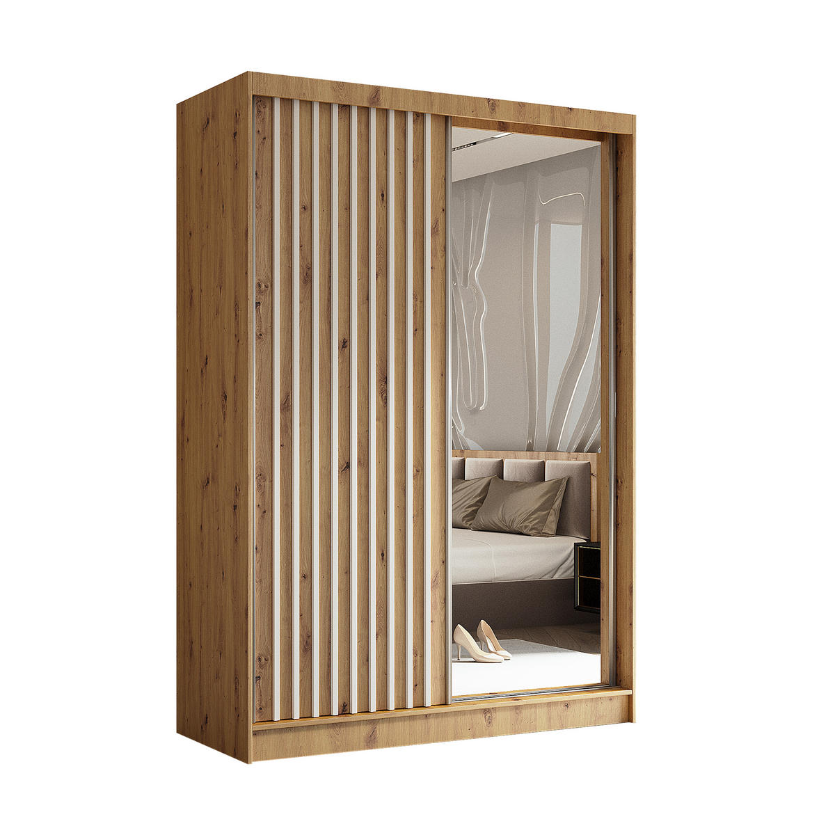 SCHWEBETÜRENSCHRANK LAMELLO 150/216/61 cm 2-türig mit Spiegel Eiche Artisan - Eiche Artisan, Holzwerkstoff (150/216/61cm) - MASSENO