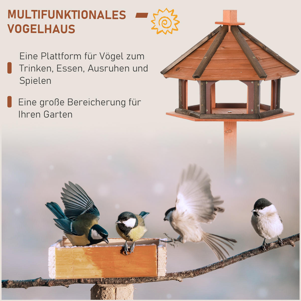 VOGELHAUS DE-10712 mit Ständer & wetterfestem Dach Natur - Naturfarben, Holzwerkstoff (52/130/52cm) - ComfortXL