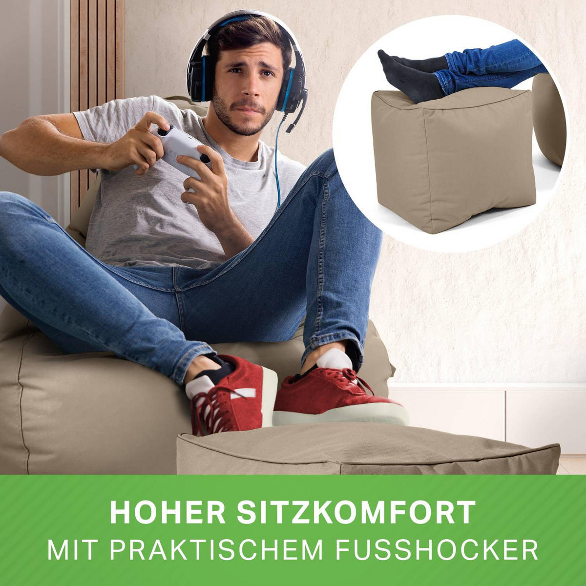 SITZSACK + Hocker "Cozy+Cube" 2er Set - Taupe, Textil (70/90/80cm) - Green Bean