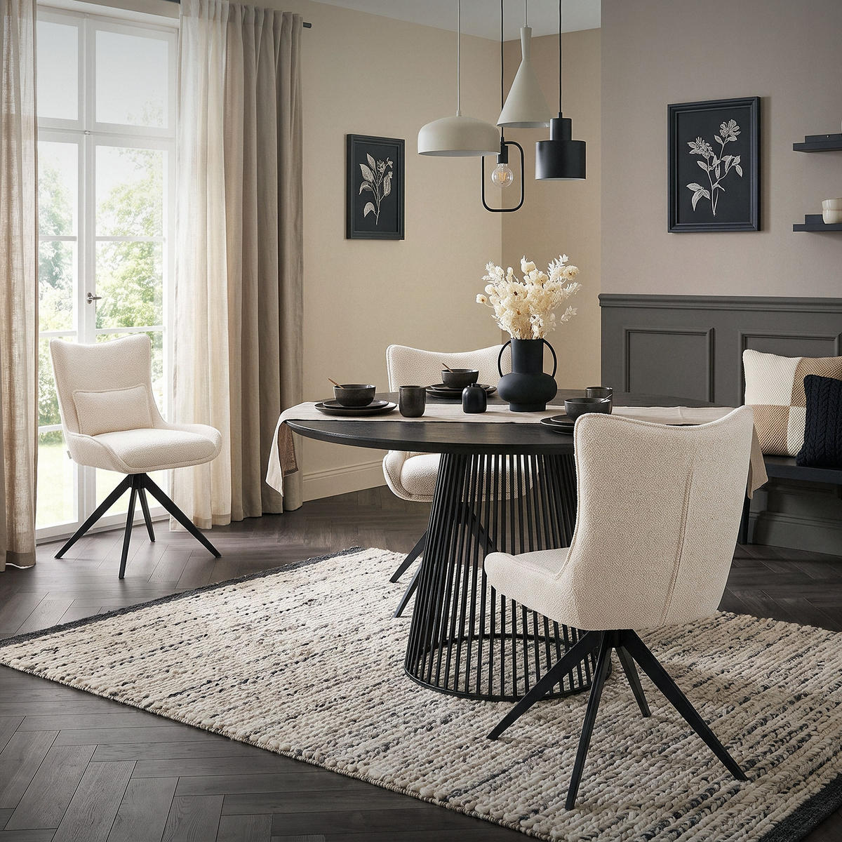 ESSZIMMERSTÜHLE 2er Set drehbar Küchenstühle gepolstert mit Webstoff-Bezug Beige - Beige/Schwarz, Textil/Metall (54/90/64cm) - ML-DESIGN