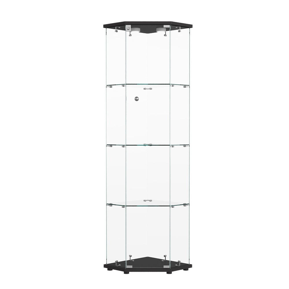 VITRINE mit LED Beleuchtung - Eckvitrine mit 4 Ebenen und 1 Tür - Glaskvitrine mit Schloss - Schwarz - Schwarz, Glas (60/162/42.5cm) - DELFA