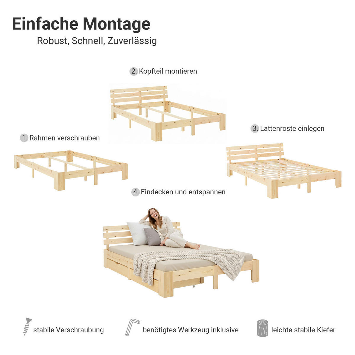 HOLZBETT mit Matratze und Stauraum 140/200 cm natur - Naturfarben, Holz (140/200cm) - Homestyle4u
