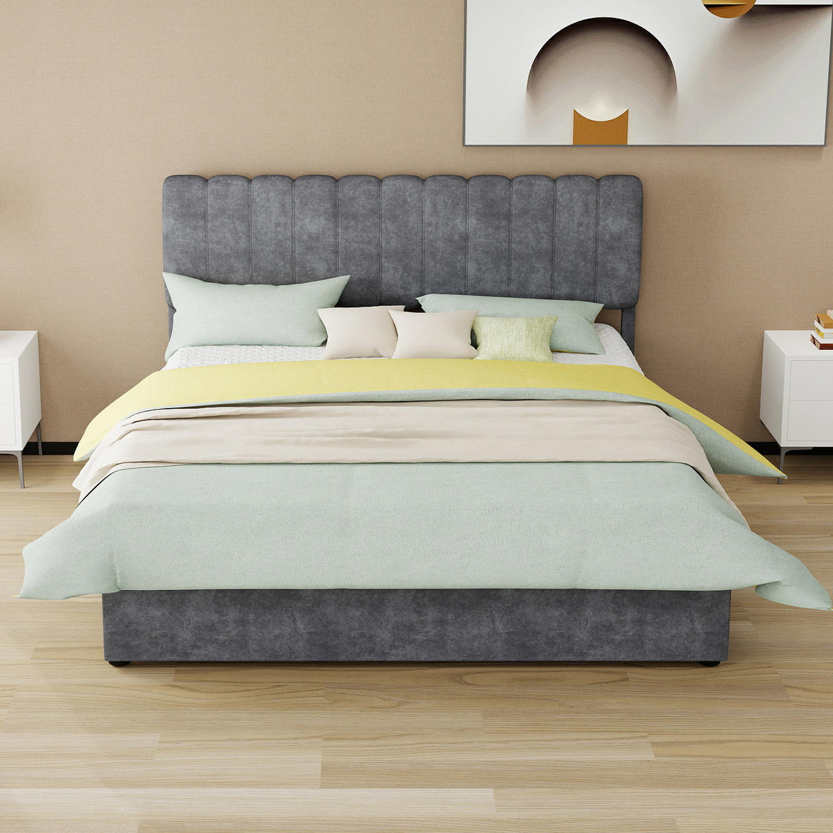 POLSTERBETT 160/200 cm in Grau mit gepolstertem Kopfteil und Holzrahmen in modernem Design - Grau, Holzwerkstoff/Textil (160/200cm) - STILVORA