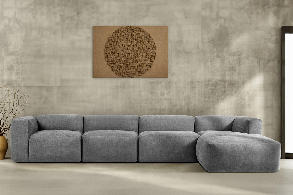 ECKMODULSOFA-RECHTS BUFFO 6-Sitzer mit extrem weicher Sitzfläche, Gewebestoff, aschgrau - Hellgrau, Textil (377/180cm) - KONSIMO®