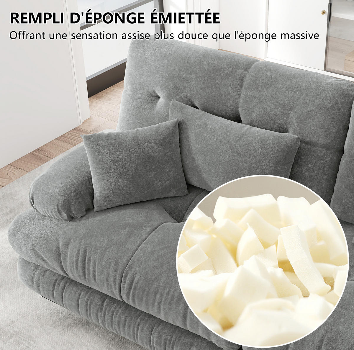 3-SITZER Sofa aus Chenille in Grau 313x77x81 cm mit tiefem Sitz - Grau, Textil (313/81/77cm) - IVMEU