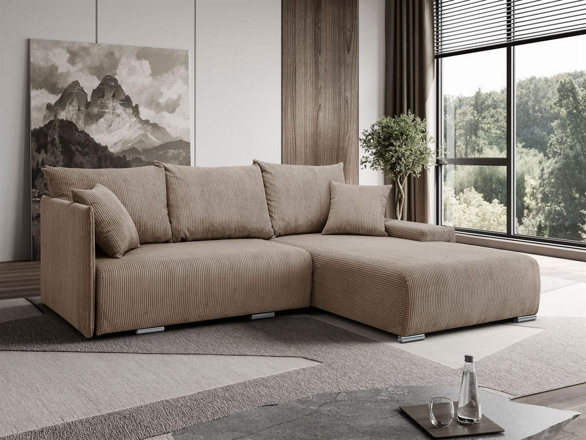 ECKSOFA LAVIO L mit Schlaffunktion und Bettzeugkasten Rechte - Braun, Textil (246/188cm) - Lookway