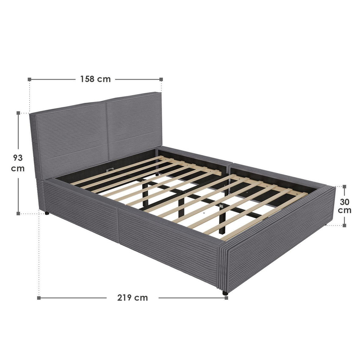 POLSTERBETT Salerno Cord grau 140x200 cm - Grau, Textil (140/200cm) - Juskys