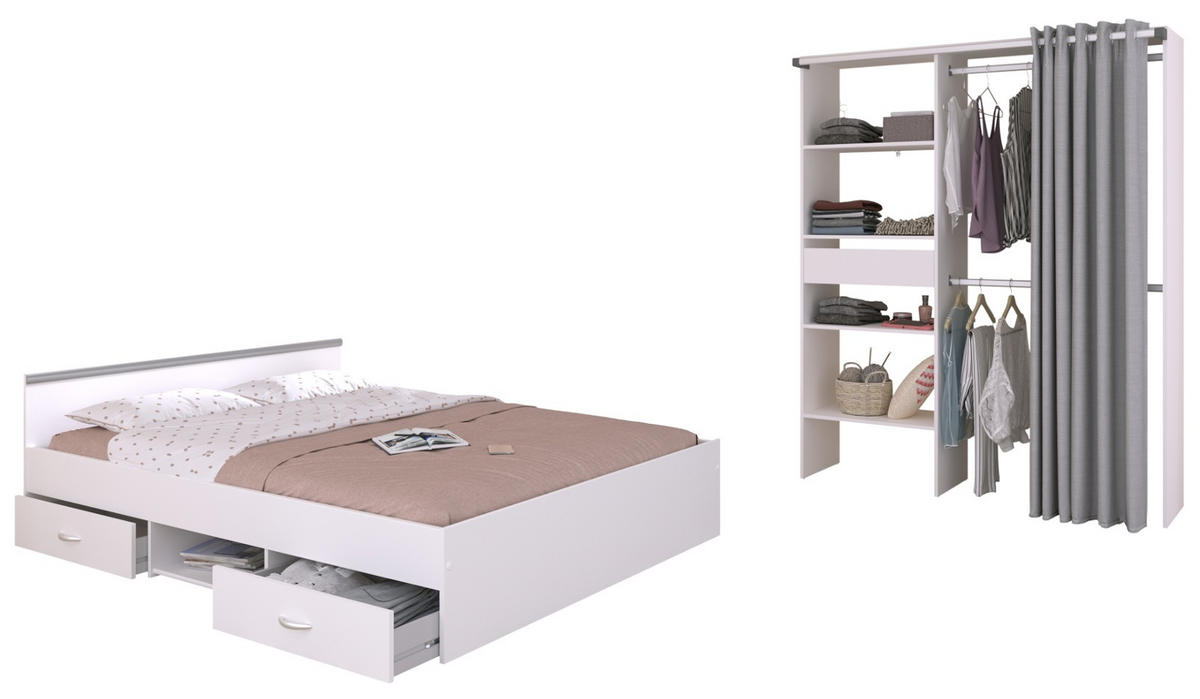 JUGENDZIMMER weiß 2-teilig, Komplett-Set mit Stauraumbett und Kleiderschrank - Silberfarben/Weiß, Holzwerkstoff/Kunststoff (206/182/145cm) - Parisot Meuble