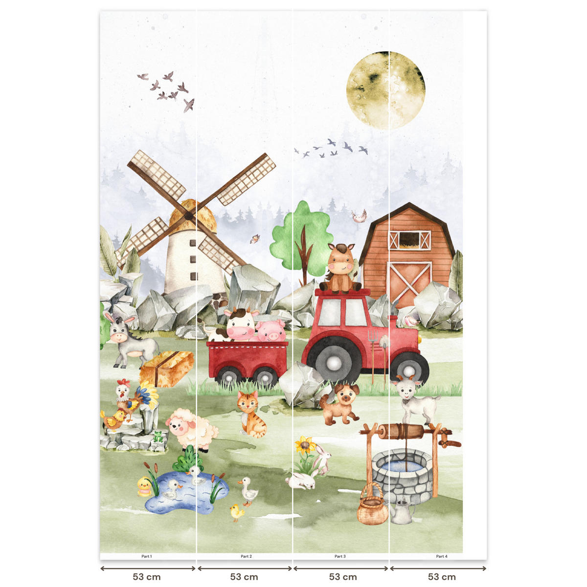 KINDERTAPETE - Bauernhof - Traktor - Kinder - Tiere - 200x300 cm - Weiß, Papier (200/300cm) - OnlyWow