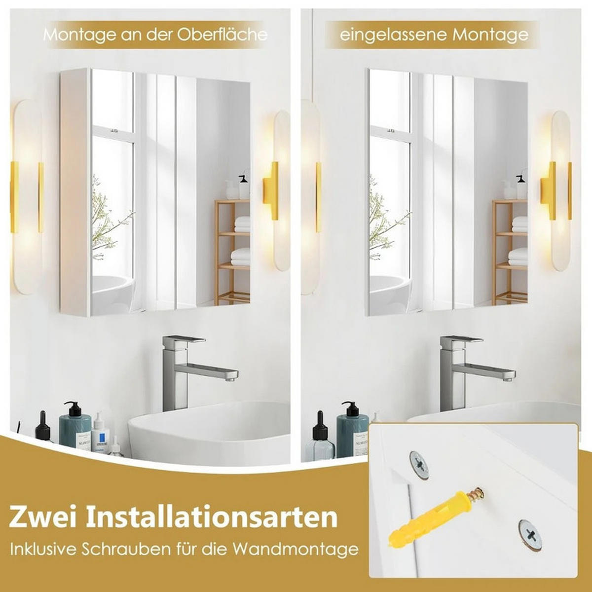 BADEZIMMER-SPIEGELSCHRANK aus Holz weiß - Weiß, Holzwerkstoff (62/65/11.5cm) - COSTWAY