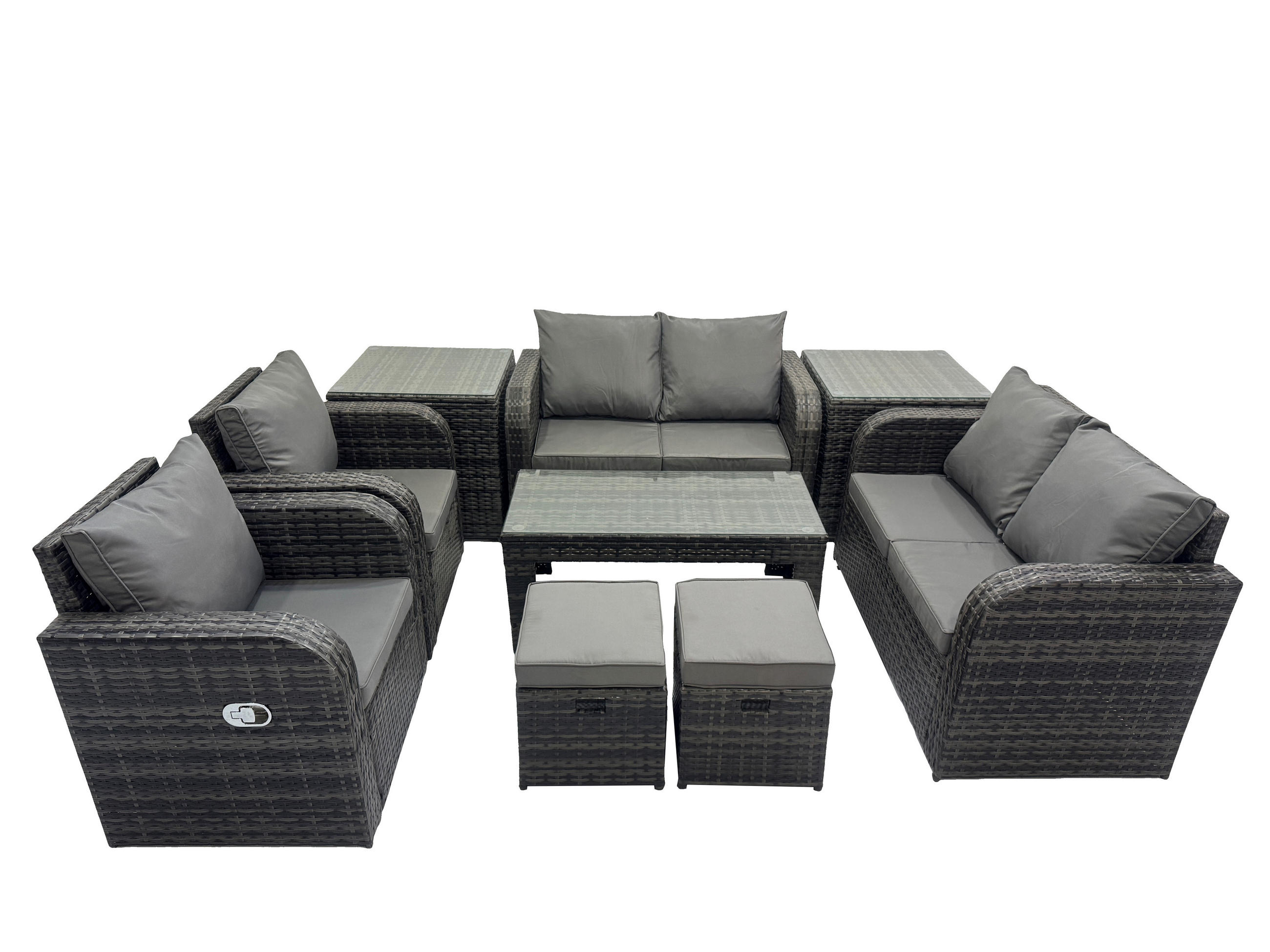 GARTENSOFA SET mit LIEGESTUHL Polyrattan 8-Sitzer Dunkelgrau - Dunkelgrau/Grau, Glas/Kunststoff - Fimous