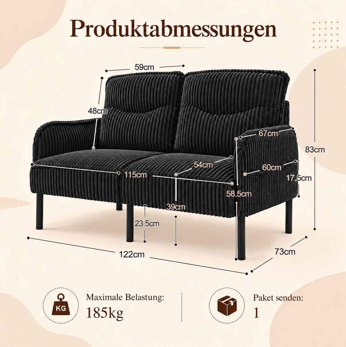 2-SITZER Sofa 122/73/83 cm Cordstoff mit Seitentaschen und Metallbeinen Schwarz - Schwarz, Textil/Metall (73/83/122cm) - Redom